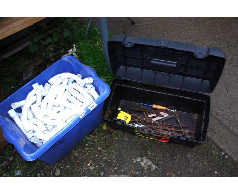 Plastic U bends for 22ml pipe, wood auger bits, plastic box, etc.