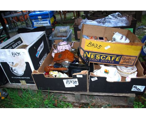 Four boxes of mixed china, a carriage clock, etc.