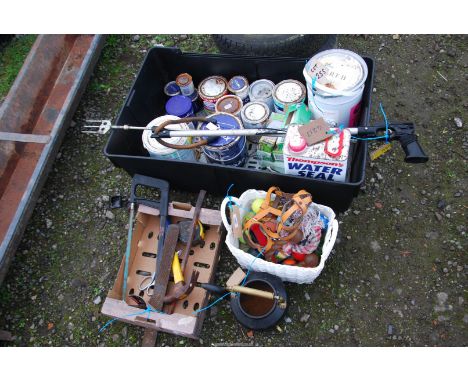 A quantity of paints, a cast iron kettle, a small tray of tools, etc.