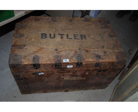 A wooden, lead lined Trunk with "Butler" to top, (locked no key), 33" wide x 20" deep x 20" high.