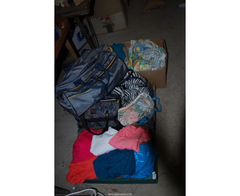 Three boxes of ladies clothes, travel bag, curtains, etc.