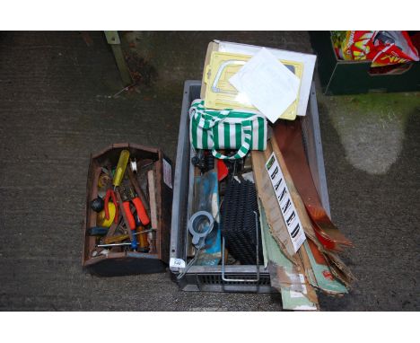 Two boxes of various woodworking tools, copper strips, etc.