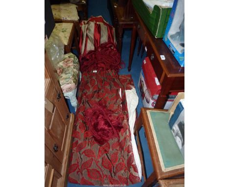 Two bags of curtains, lined with tiebacks, 1 pair @ 82'' drop x 73'' wide, 2 pairs @ 84'' drop x 53'' wide and 2 pairs @ 53''