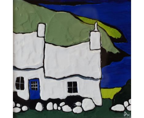 PETER MORGAN acrylic - Welsh cottage, signed with initials and entitled verso 'Back Door, Penporth Clais', 10.5 x 10.5cms