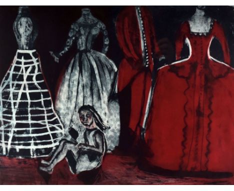SHANI RHYS JAMES limited edition (8/50) lithograph - self-portrait seated amongst Victorian dresses, entitled 'The Hand Mirro