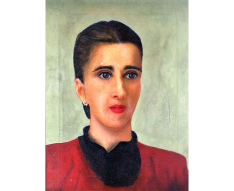 ATTRIBUTED TO GWEN JOHN oil on canvas - portrait of a lady in a black collared red dress, signed in full, 35 x 45cms (repair 
