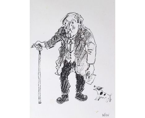 SIR KYFFIN WILLIAMS RA print - the artist's 80th birthday card featuring a caricature self-portrait appearing worn-out, with 