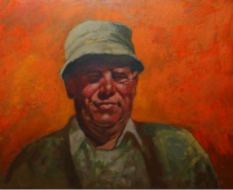 ANEURIN JONES oil on board - head and shoulders portrait of a farmer wearing hat, squinting into the sun, signed, 44 x 54cms