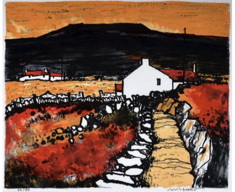 WILF ROBERTS limited edition (34/50) Curwen lithograph - Anglesey landscape with cottages and lane, entitled 'Bwlch', signed,