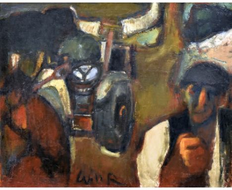 WILL ROBERTS oil on canvas - waistcoated farmer and companion with tractor, entitled verso 'On the Farm 1978', signed, 60 x 7