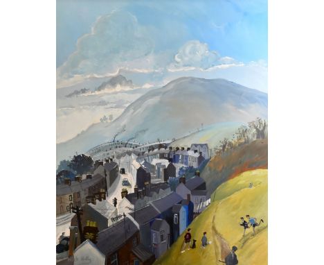 NICK HOLLY oil on canvas - a large depiction of a Valleys village scene with children playing near the backs of houses, signe