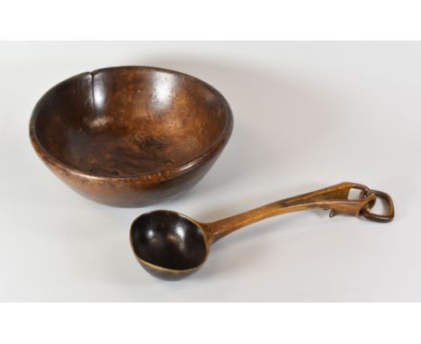 WELSH TREEN CAWL BOWL & LADLE, the bowl of plain rustic form with two decorative sgraffito bands to the body, the ladle exper