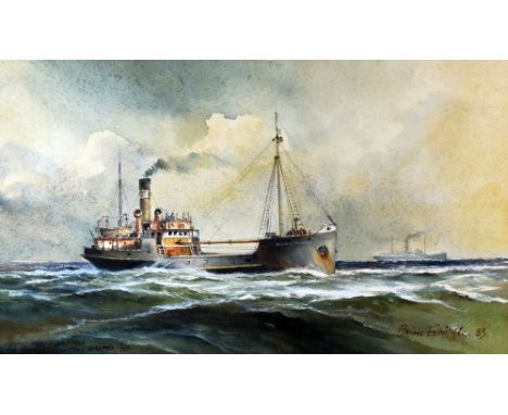 BRIAN ENTWISTLE watercolour - portrait of a steam-ship at sea, entitled on mount 'The Doris Thomas 1924-1963' and inscribed b