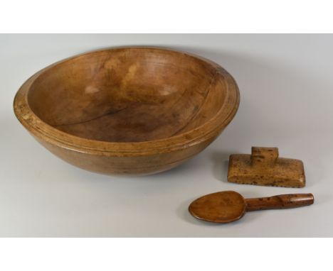 WELSH SYCAMORE DAIRY BOWL, LADLE & BUTTER-PAT, the shallow circular bowl with old iron fitting to the exterior, 45cms diam, t