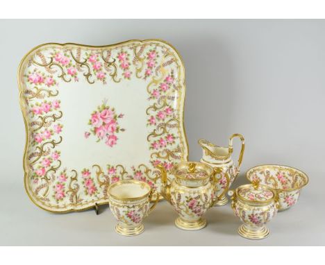 A SWANSEA PORCELAIN MORNING TEA SET comprising shaped square tray with rounded and indented corners (impressed SWANSEA mark),