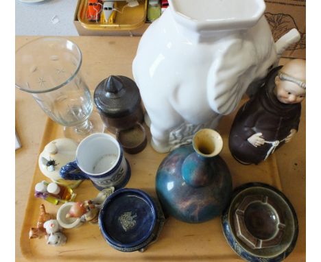 A Goebels monk decanter, stoneware feeder plus other china and glass