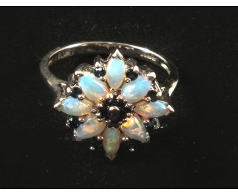 A 9ct White Gold Opal and Sapphire set ring of flower form, size M 1/2