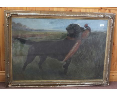 A watercolour of a gun dog and pheasant, signed, an otter and duck print plus a landscape oil on canvas