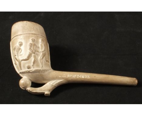A clay football pipe, a Silver mounted carved Calabash and bulls head pipes