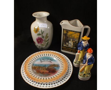 An orange lustre trinket set, Staffordshire style figures and other china (two trays)