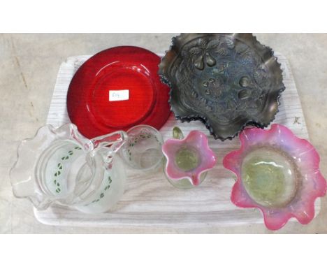 Various Victorian cranberry and ruby glass including a decanter plus two Carnival glass bowls etc (two trays)