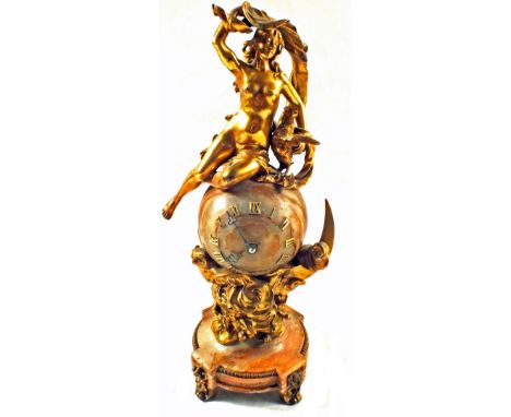 A 19th Century gilt metal and rouge marble spherical mantel clock with seated unclad lady mount