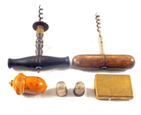 Three Silver thimbles, one cased, two corkscrews and a Brass Zippo lighter