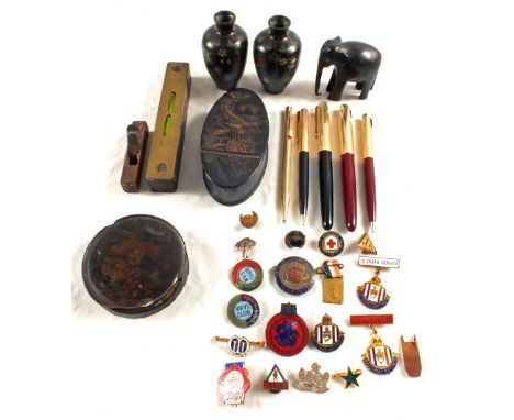 A Victorian papier mache snuff box, a pair of small Cloisonné vases plus other items