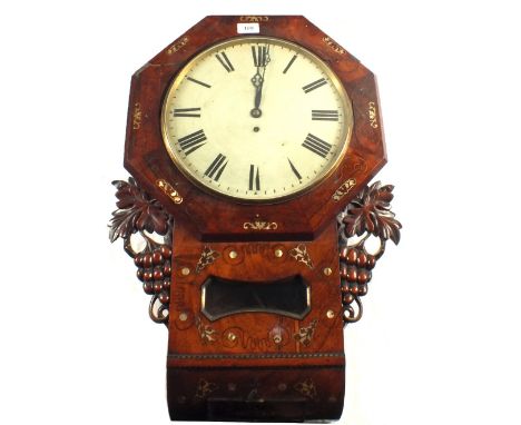 A 19th Century Mahogany and Rosewood drop dial clock with grape and leaf carving with Brass and Mother of Pearl inlays