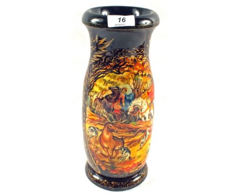 A Russian painted wooden vase depicting hunting and hawking scenes, inscriptions to base, height 12"