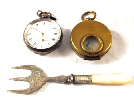 A Silver pocket watch, Brass compass and fans etc