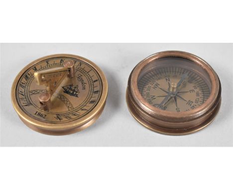 A Reproduction Stanley of London Cylindrical Brass Sundial/Compass with Folding Gnomon, Inscribed Stanley, London, 15cm diame