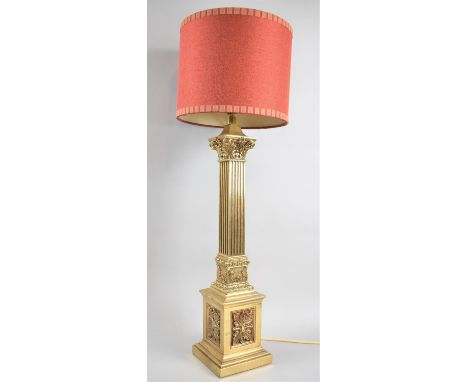 A Large Gilt Brass Corinthian Column Table Lamp Base and Small Shade, 62cm high 