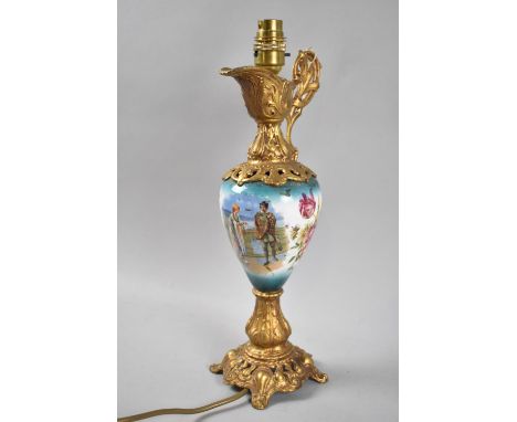 A Novelty Continental Table Lamp Base in the Form of a Gilt and Porcelain Claret Jug Decorated with Couple and Flowers, 38cm 