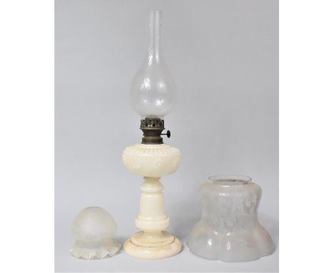 An Opalescent Moulded Glass Oil Lamp together with Two Acid Etched Shades 