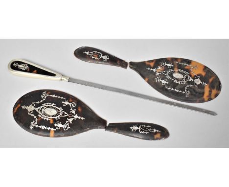 Four Pieces of Silver Piquet Work on Tortoiseshell, Formerly Dressing Table Mirror backs and Handles Together with a Silver a