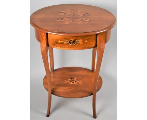 A Modern Italian Inlaid Oval Occasional Table with Single Drawer and Inlaid Stretcher Shelf Under, 58cm wide 