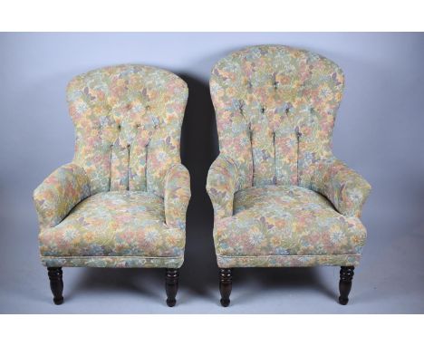 A Pair of Gents and Ladies Tapestry Buttoned Upholstered Balloon Back Armchairs 