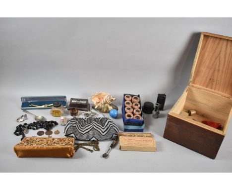 A Wooden Box Containing Curios to Include Desk Calendar, Costume Jewellery, Box of Cottons, Vintage Automatic Blow Lamp, Brit