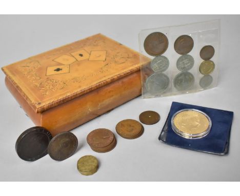 An Italian Inlaid Playing Card Box Containing Various Coins and Enamelled Crown etc 