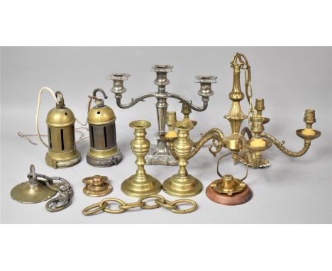 A Collection of Metal Candlesticks to Include Brass, Silver Plate Candelabra, Brass Ceiling Light Fitting, Hanging Light Fitt