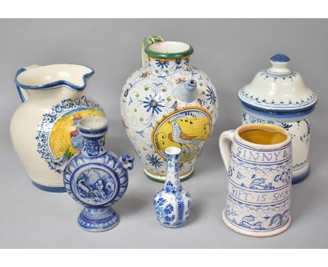 A Collection of Various Continental Ceramics to Comprise Faience Jug, Ewer, Delft Vase, Salt Glazed Moon Flask Etc 