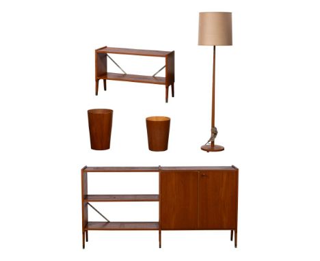 MCM Furniture Assortment  (5) items including a credenza, a television stand, a floor lamp and (2) waste baskets  Property fr