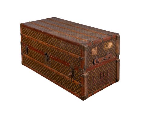Louis Vuitton Wardrobe Steamer Trunk  Having stenciled monogram canvas, wood slat and brass trim, lock (no keys), interior ha