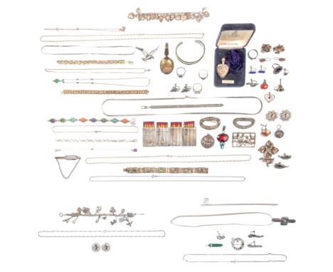 Sterling Silver, 830 and 800 Silver Jewelry Assortment  Including match holders, necklaces, bracelets, pins, earrings, rings 