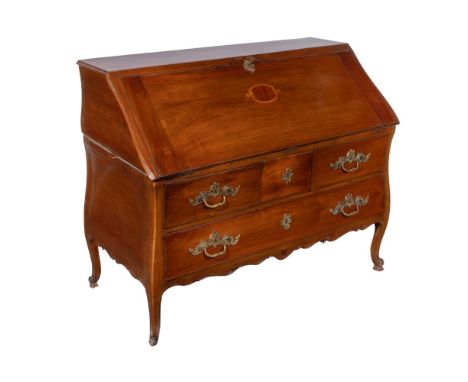 Louis XV Style Mahogany Slant Front Desk  Having a shaped and inlaid drop-down lid opening on two center shelves flanked by s