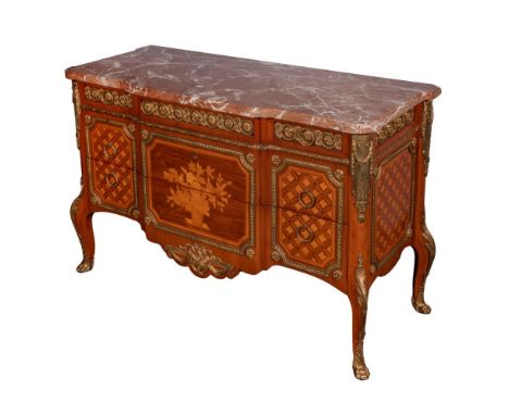 French Ormolu and Marquetry Marble Top Mahogany Commode  Breakfront 3-drawer chest having ormolu mounts and drawer pulls, mar