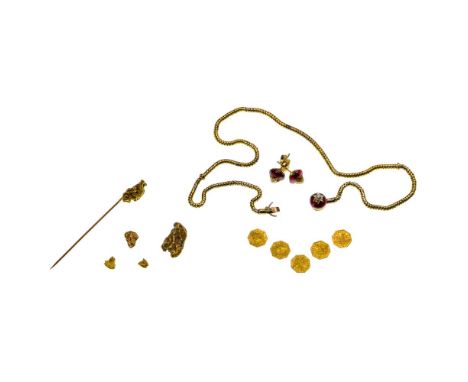 Gold Assortment  (12) items including (4) loose gold nuggets and a gold nugget pin, (5) 1853 Arms of California octagonal gol
