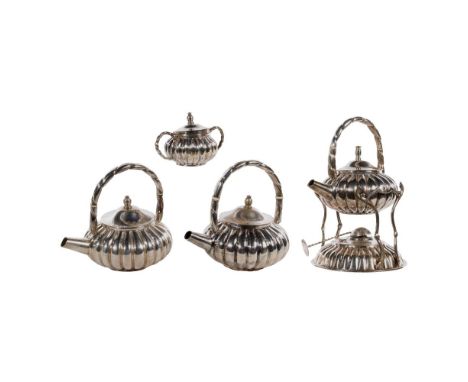 Sterling Silver Tea Service  (4) items including (2) teapots, a lidded sugar bowl, a water kettle with stand (all marked '925