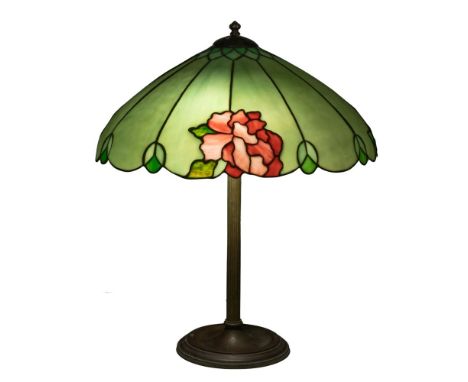 Attributed to Duffner and Kimberly Lamp Company Stained Glass Table Lamp  Having a floral motif shade and copper-tone metal b